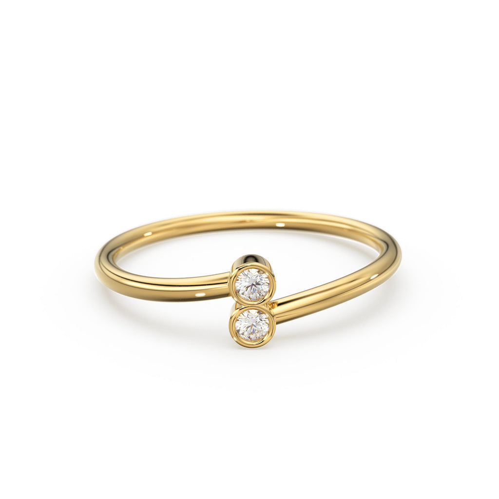 Dual Diamond Ring / Double Stone Ring / 14k Gold Ring / Diamonds Cuff Ring, Gold Stacking Ring / Thin gold ring / Diamond Bypass Ring