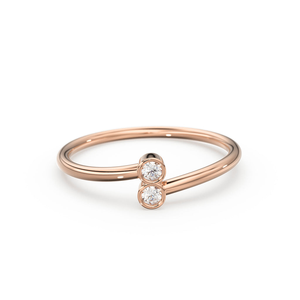 Dual Diamond Ring / Double Stone Ring / 14k Gold Ring / Diamonds Cuff Ring, Gold Stacking Ring / Thin gold ring / Diamond Bypass Ring
