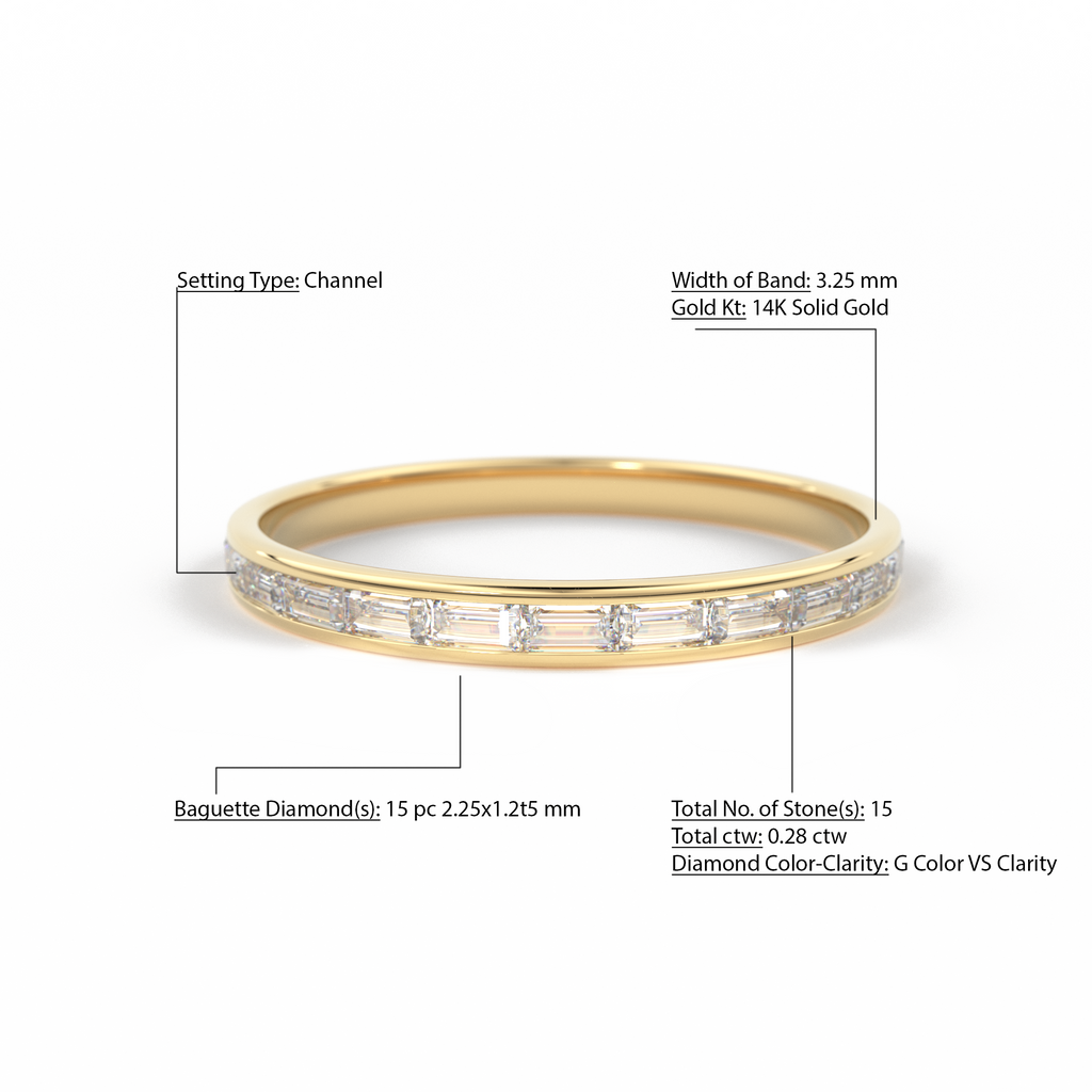14K Gold Baguette Diamond Band / 2.0MM Thin Channel Set Diamond Ring / Half Eternity Stackable Ring / Diamond Wedding Ring / Minimalist Ring