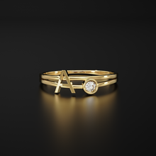 Load image into Gallery viewer, Personalized Initial Letter Ring Set with Bezel Set Solitaire Diamond Ring in 14k Gold / Perfect Gift for Mothers / Birthstones Available