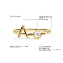 Load image into Gallery viewer, Personalized Initial Letter Ring Set with Bezel Set Solitaire Diamond Ring in 14k Gold / Perfect Gift for Mothers / Birthstones Available