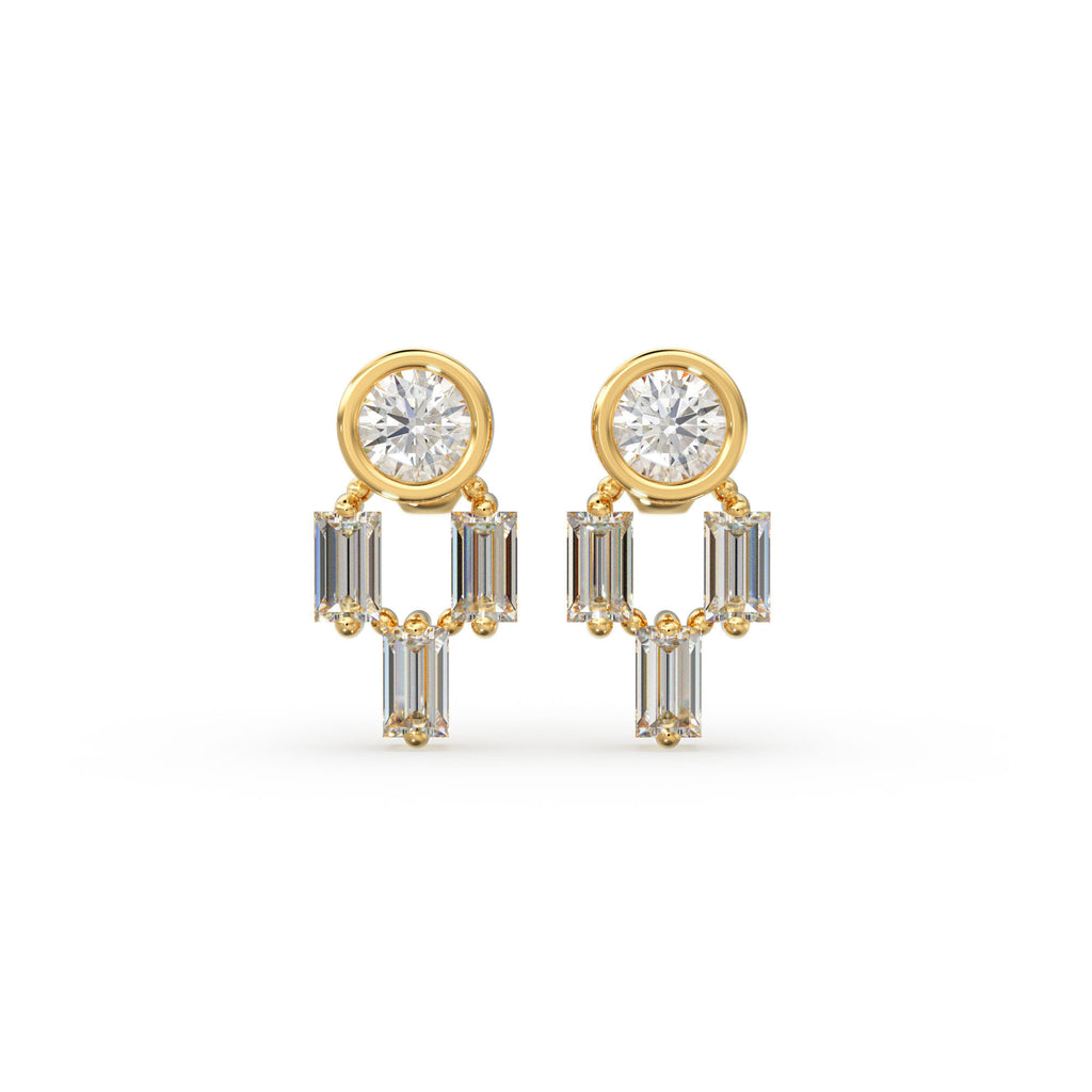 Diamond Earrings / 14k Solid Gold Unique Diamond Earrings / Baguette Diamonds and Round Diamond Studs / Stud Earrings
