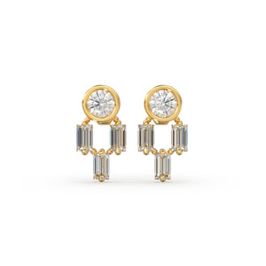 Diamond Earrings / 14k Solid Gold Unique Diamond Earrings / Baguette Diamonds and Round Diamond Studs / Stud Earrings