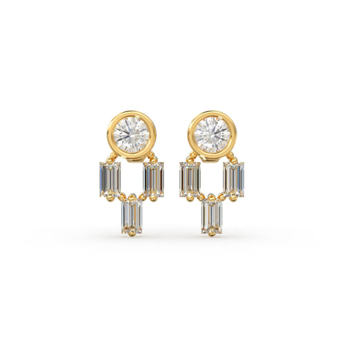 Diamond Earrings / 14k Solid Gold Unique Diamond Earrings / Baguette Diamonds and Round Diamond Studs / Stud Earrings