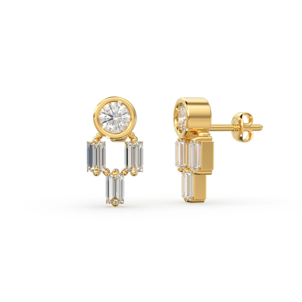 Diamond Earrings / 14k Solid Gold Unique Diamond Earrings / Baguette Diamonds and Round Diamond Studs / Stud Earrings
