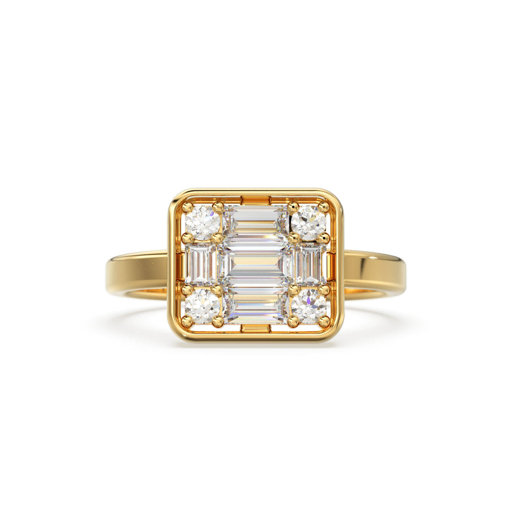 Baguette Diamond Ring / 14k Gold Baguette and Round Cut Diamond Ring / Statement Baguette Ring / Designer Mix Diamond Ring