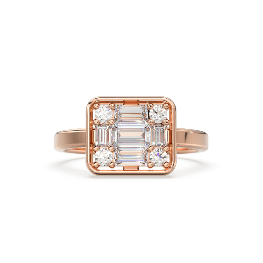 Baguette Diamond Ring / 14k Gold Baguette and Round Cut Diamond Ring / Statement Baguette Ring / Designer Mix Diamond Ring