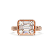 Load image into Gallery viewer, Baguette Diamond Ring / 14k Gold Baguette and Round Cut Diamond Ring / Statement Baguette Ring / Designer Mix Diamond Ring