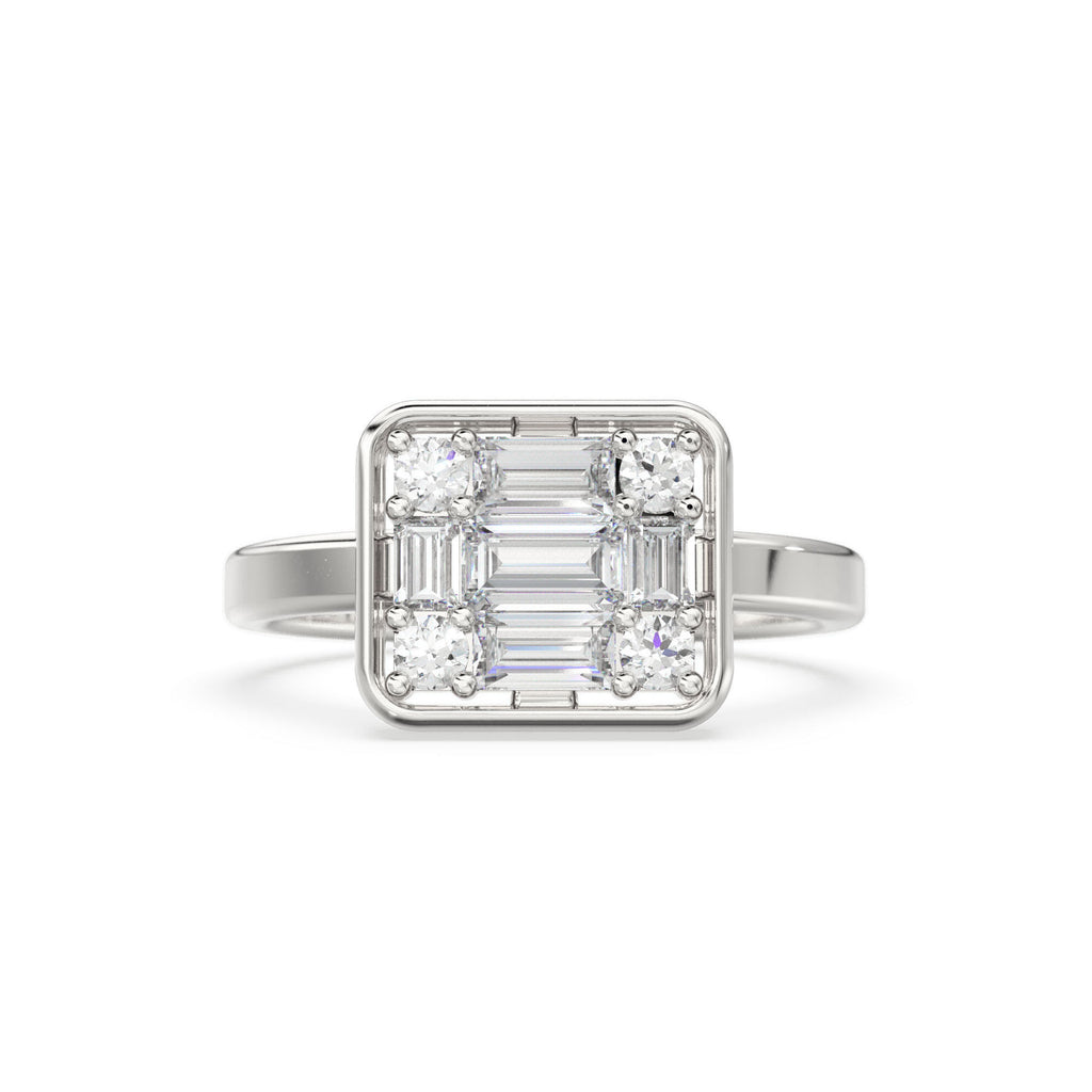 Baguette Diamond Ring / 14k Gold Baguette and Round Cut Diamond Ring / Statement Baguette Ring / Designer Mix Diamond Ring