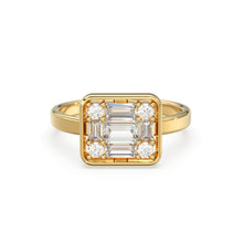 Load image into Gallery viewer, Baguette Diamond Ring / 14k Gold Baguette and Round Cut Diamond Ring / Statement Baguette Ring / Designer Mix Diamond Ring