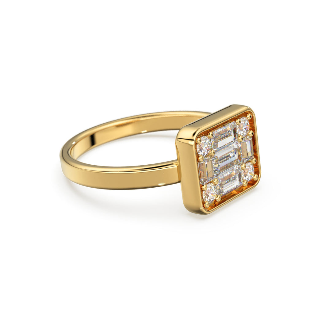 Baguette Diamond Ring / 14k Gold Baguette and Round Cut Diamond Ring / Statement Baguette Ring / Designer Mix Diamond Ring