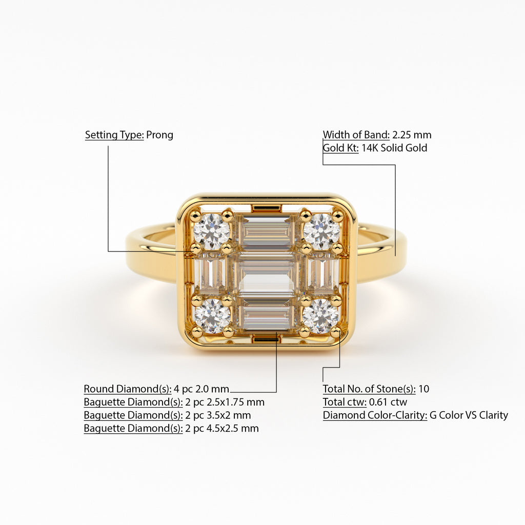 Baguette Diamond Ring / 14k Gold Baguette and Round Cut Diamond Ring / Statement Baguette Ring / Designer Mix Diamond Ring