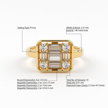 Load image into Gallery viewer, Baguette Diamond Ring / 14k Gold Baguette and Round Cut Diamond Ring / Statement Baguette Ring / Designer Mix Diamond Ring