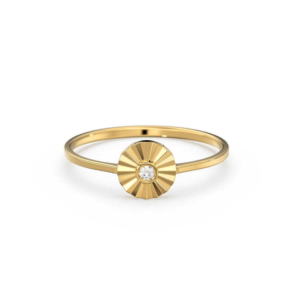 Diamond Ring / 14k Bezel Setting Diamond Cut Diamond Solitaire Ring / Ballerina Disc Ring / Diamond Cut Ray Ring