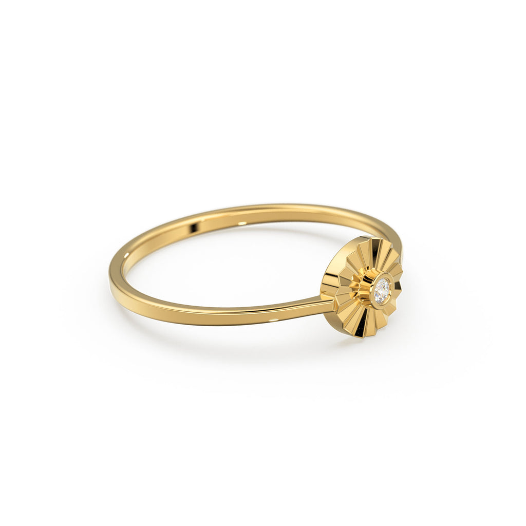 Diamond Ring / 14k Bezel Setting Diamond Cut Diamond Solitaire Ring / Ballerina Disc Ring / Diamond Cut Ray Ring