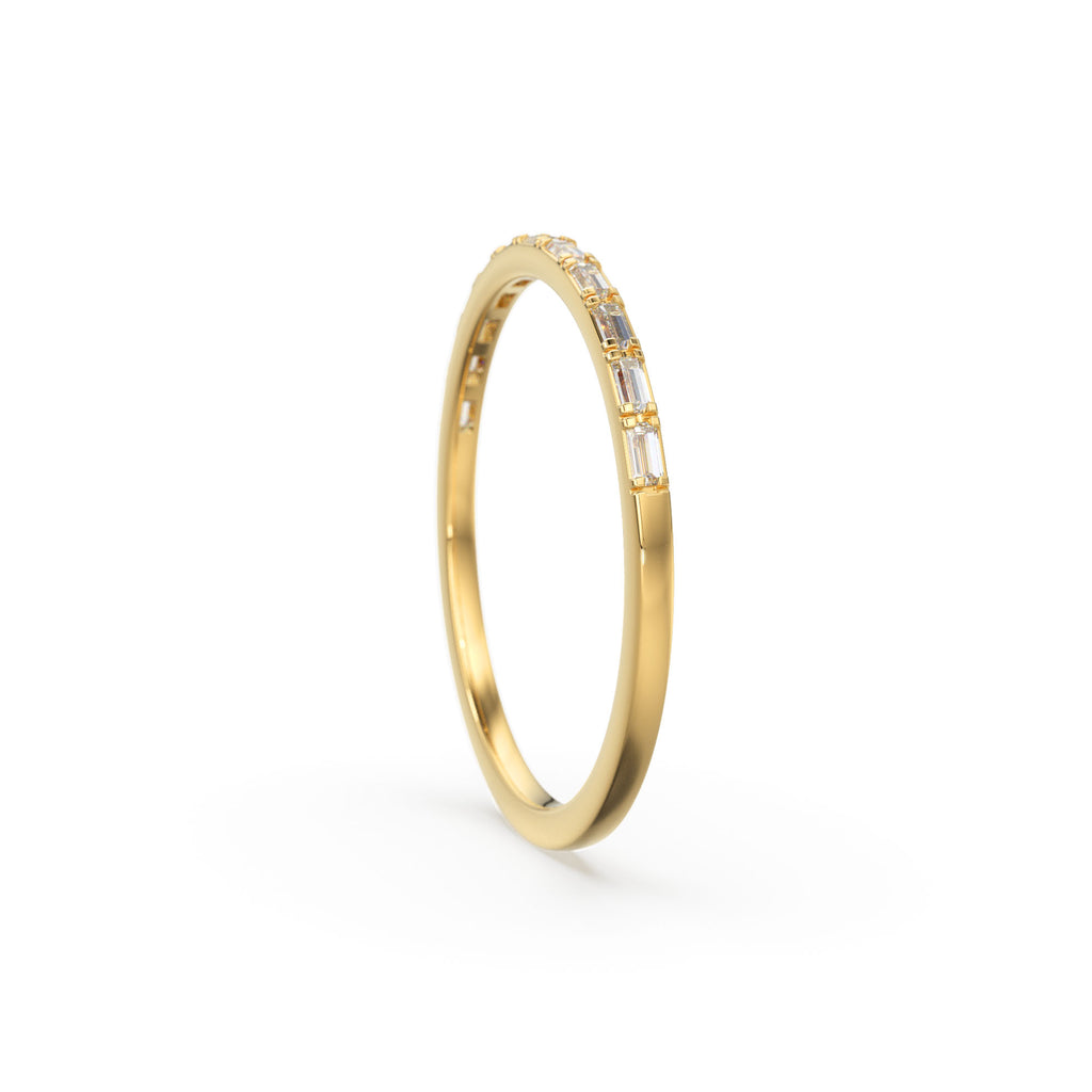 Baguette Diamond Ring / 14k Gold Half Eternity Baguette Diamond Stackable Ring / 1.0MM Ultra Thin Baguette Diamond Wedding Ring