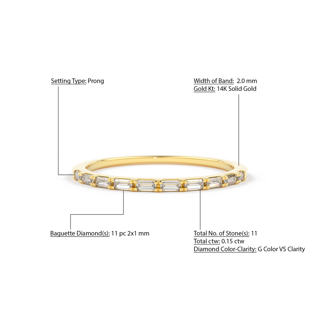 Baguette Diamond Ring / 14k Gold Half Eternity Baguette Diamond Stackable Ring / 1.0MM Ultra Thin Baguette Diamond Wedding Ring