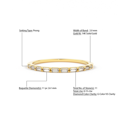 Baguette Diamond Ring / 14k Gold Half Eternity Baguette Diamond Stackable Ring / 1.0MM Ultra Thin Baguette Diamond Wedding Ring