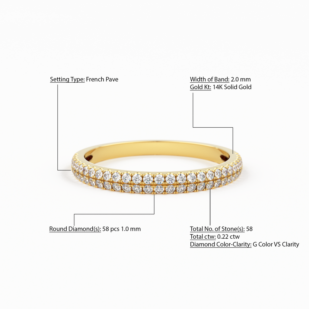 Half Eternity Diamond Wedding Ring / 14k Gold Double Row Micro Pave Half Eternity Ring Wedding Band for Women