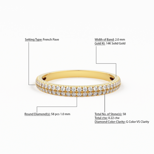 Half Eternity Diamond Wedding Ring / 14k Gold Double Row Micro Pave Half Eternity Ring Wedding Band for Women