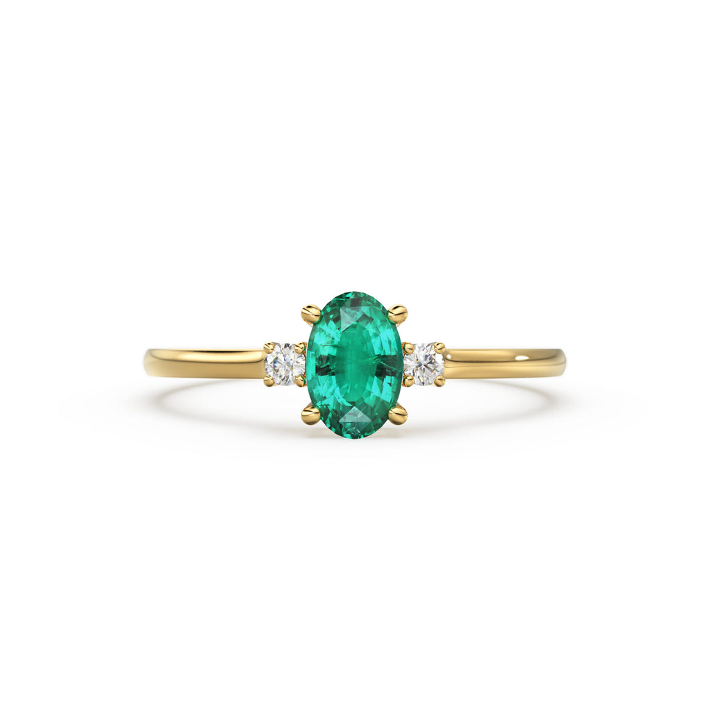 Emerald Ring / Emerald Engagement Ring in 14k Gold / Oval Cut Natural 3 Stone Emerald Diamond Ring / May Birthstone / Promise Ring