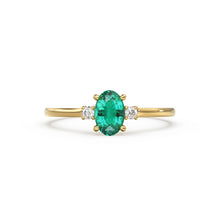 Load image into Gallery viewer, Emerald Ring / Emerald Engagement Ring in 14k Gold / Oval Cut Natural 3 Stone Emerald Diamond Ring / May Birthstone / Promise Ring