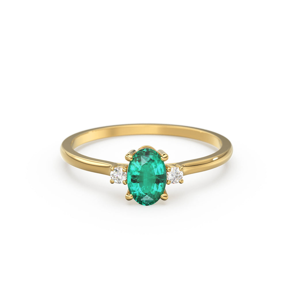 Emerald Ring / Emerald Engagement Ring in 14k Gold / Oval Cut Natural 3 Stone Emerald Diamond Ring / May Birthstone / Promise Ring