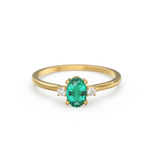 Load image into Gallery viewer, Emerald Ring / Emerald Engagement Ring in 14k Gold / Oval Cut Natural 3 Stone Emerald Diamond Ring / May Birthstone / Promise Ring