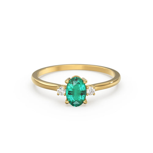Emerald Ring / Emerald Engagement Ring in 14k Gold / Oval Cut Natural 3 Stone Emerald Diamond Ring / May Birthstone / Promise Ring