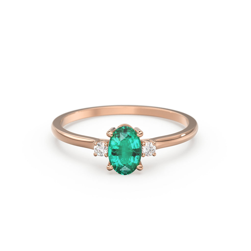 Emerald Ring / Emerald Engagement Ring in 14k Gold / Oval Cut Natural 3 Stone Emerald Diamond Ring / May Birthstone / Promise Ring