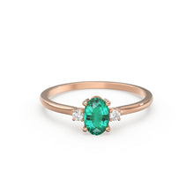 Load image into Gallery viewer, Emerald Ring / Emerald Engagement Ring in 14k Gold / Oval Cut Natural 3 Stone Emerald Diamond Ring / May Birthstone / Promise Ring
