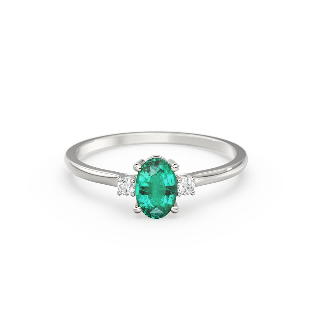 Emerald Ring / Emerald Engagement Ring in 14k Gold / Oval Cut Natural 3 Stone Emerald Diamond Ring / May Birthstone / Promise Ring