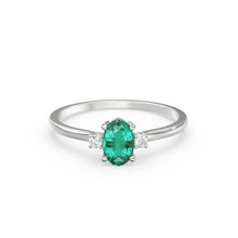 Load image into Gallery viewer, Emerald Ring / Emerald Engagement Ring in 14k Gold / Oval Cut Natural 3 Stone Emerald Diamond Ring / May Birthstone / Promise Ring