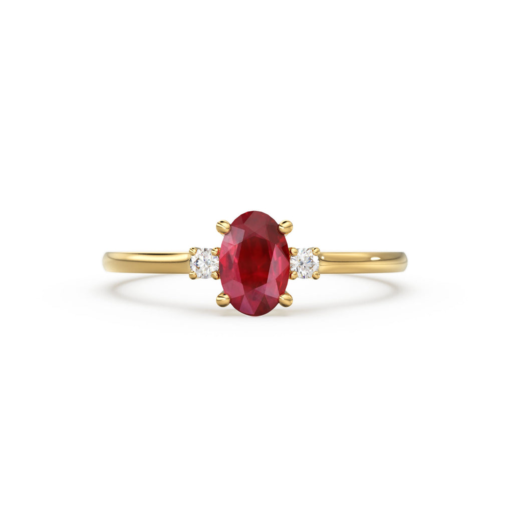 Ruby Ring / Ruby Engagement Ring in 14k Gold / Oval Cut Natural 3 Stone Ruby Diamond Ring / July Birthstone / Promise Ring