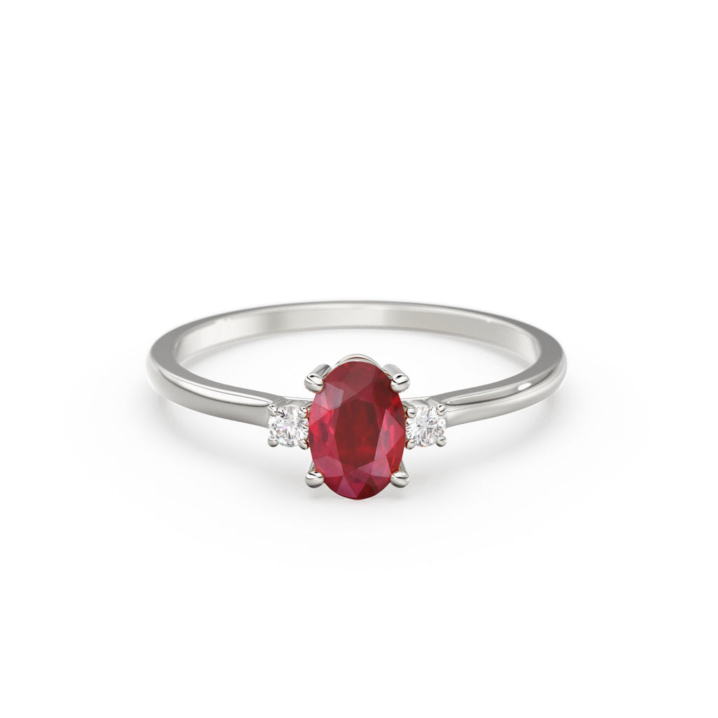 Ruby Ring / Ruby Engagement Ring in 14k Gold / Oval Cut Natural 3 Stone Ruby Diamond Ring / July Birthstone / Promise Ring