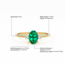 Load image into Gallery viewer, Emerald Ring / Emerald Engagement Ring in 14k Gold / Oval Cut Natural 3 Stone Emerald Diamond Ring / May Birthstone / Promise Ring