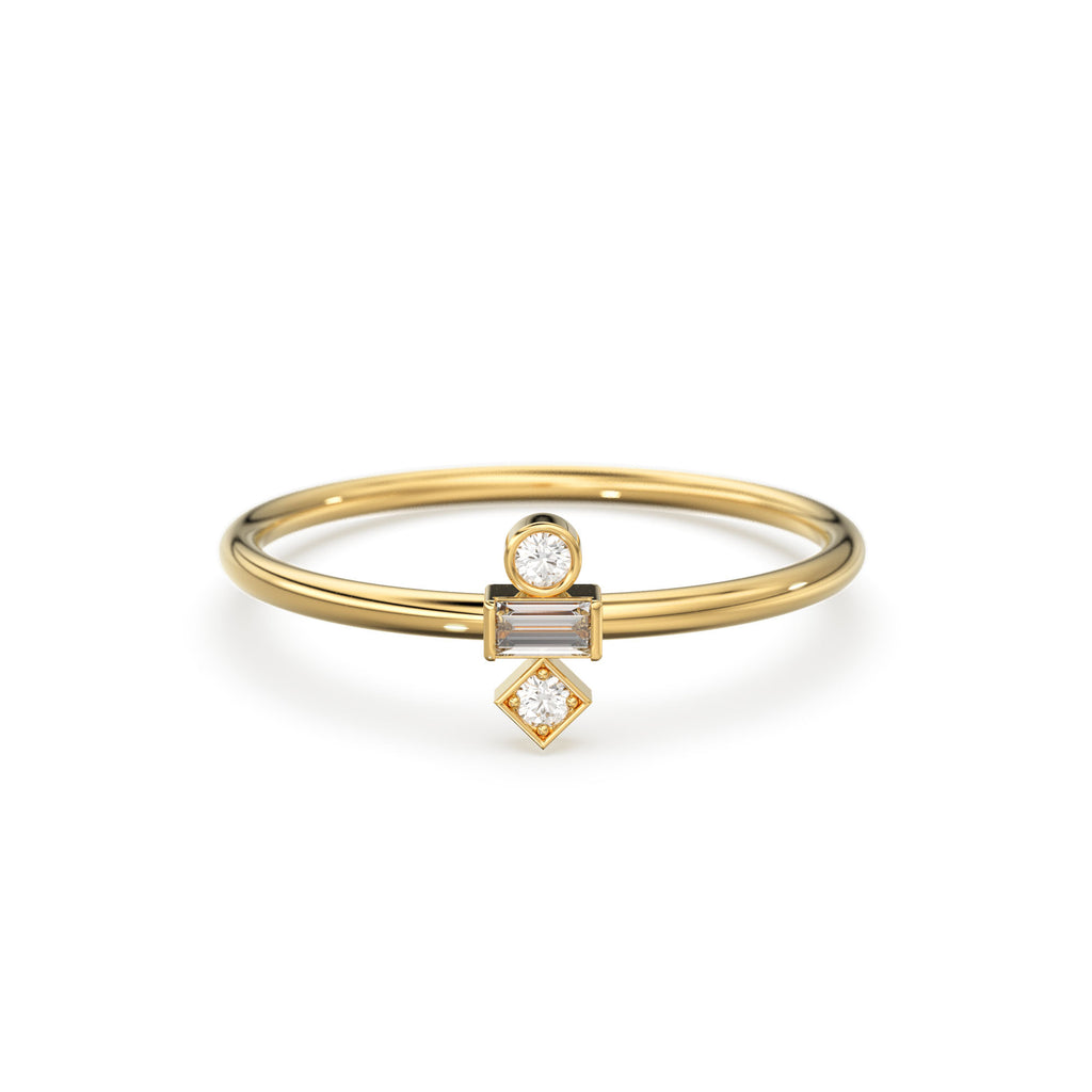 Baguette Diamond Ring / 14k Gold Baguette and Round Cut Diamond Ring / Minimalist Baguette Ring / Dainty Mix Diamond Ring