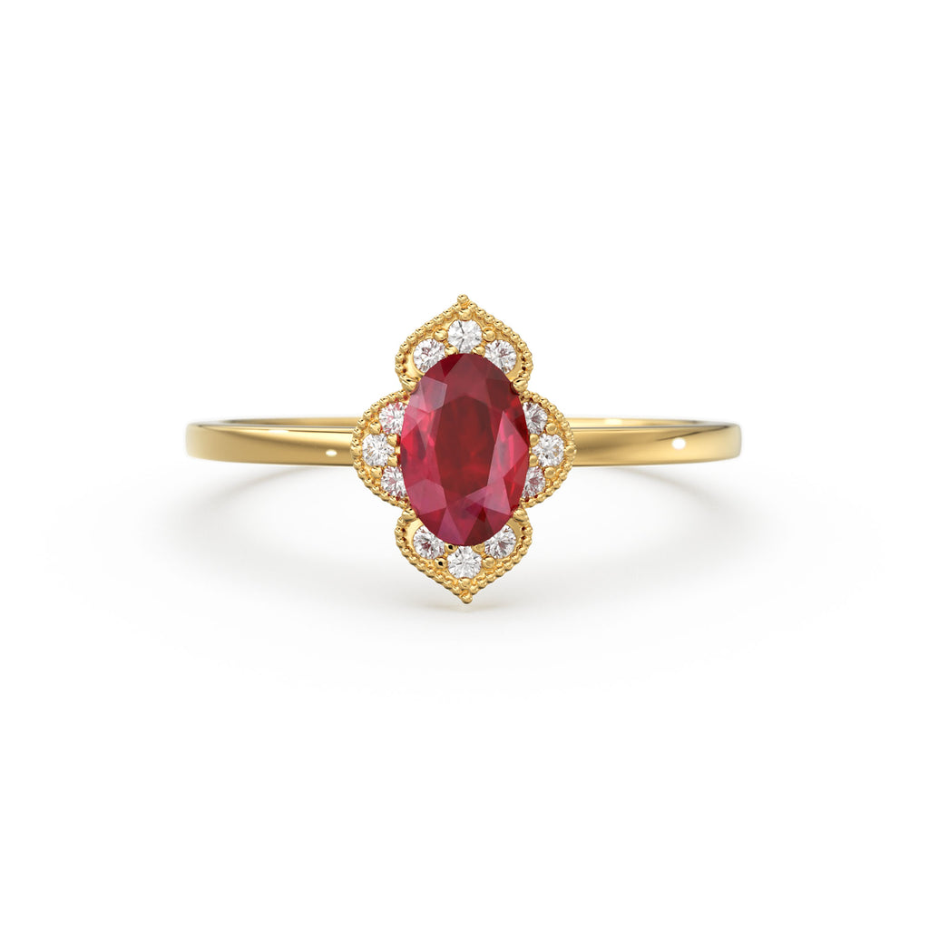Natural Ruby Ring / 14k Gold Halo Ruby Engagement Ring / Victorian Genuine Ruby Ring / July Birthstone Ring / Anniversary Gift
