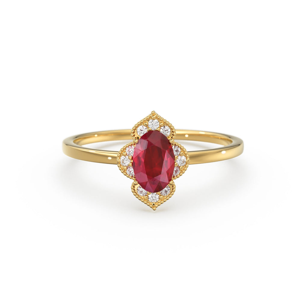 Natural Ruby Ring / 14k Gold Halo Ruby Engagement Ring / Victorian Genuine Ruby Ring / July Birthstone Ring / Anniversary Gift