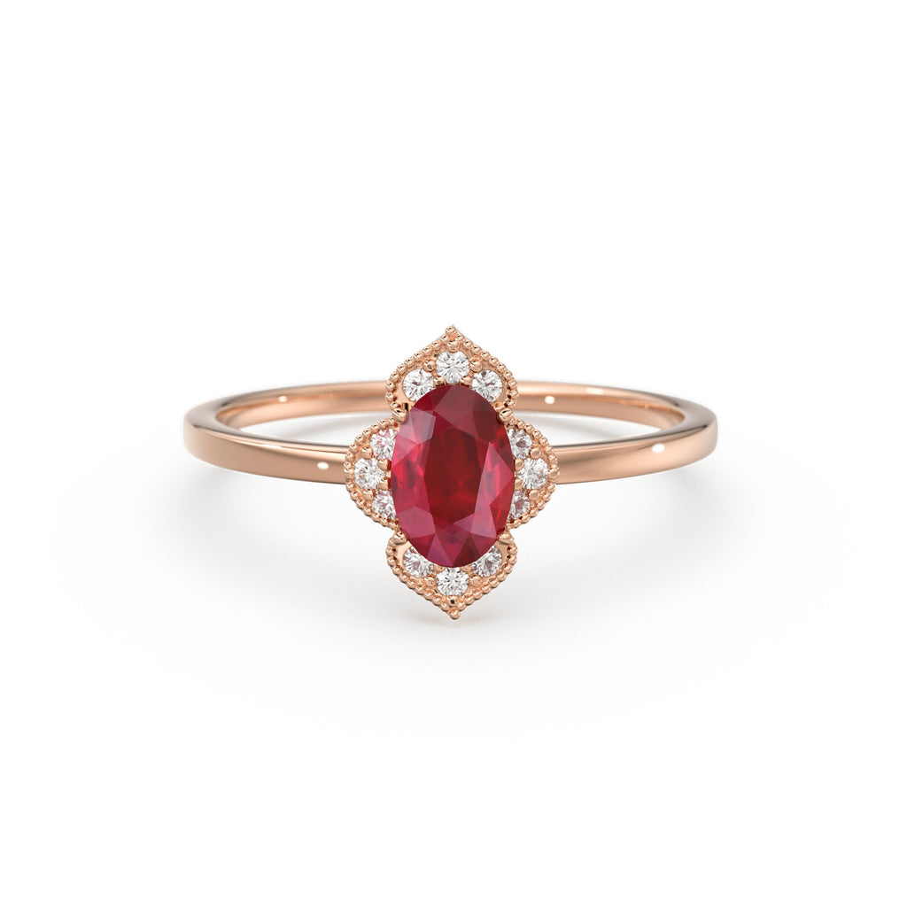 Natural Ruby Ring / 14k Gold Halo Ruby Engagement Ring / Victorian Genuine Ruby Ring / July Birthstone Ring / Anniversary Gift