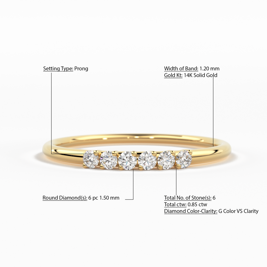 14k Gold 6 Stone Diamond Wedding Band / April Birthstone Ring / Thin Dainty Diamond Wedding Ring / Minimalist Stacking Ring