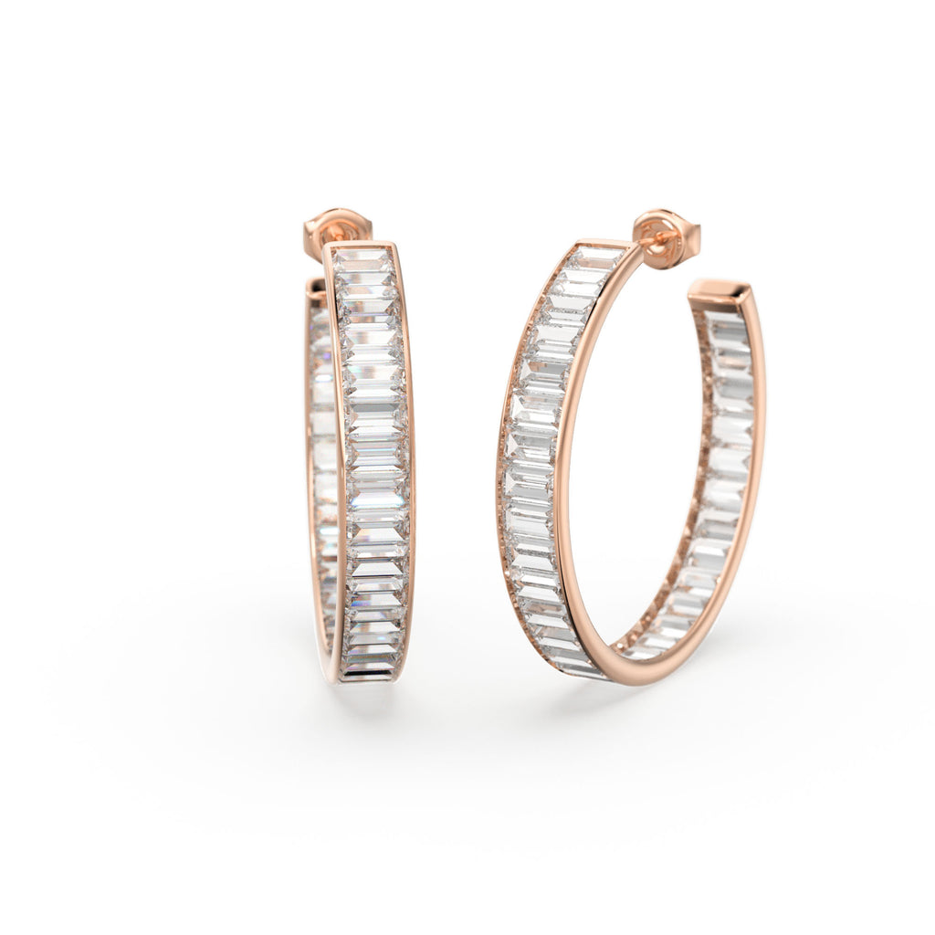 Diamond Huggie Earrings 17.5.MM / 14k Gold Baguette Diamond Hoop Earrings / Designer High Jewelry Earrings / Christmas Gift
