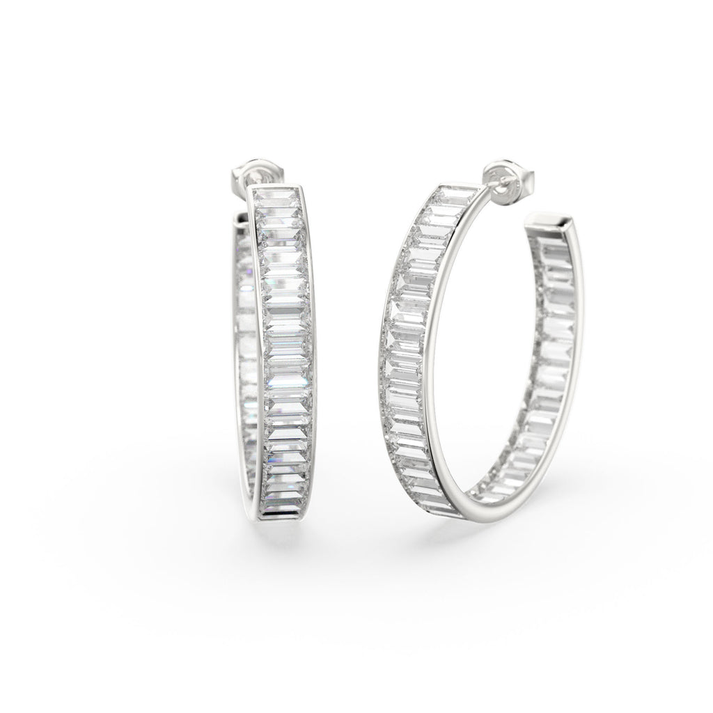 Diamond Huggie Earrings 17.5.MM / 14k Gold Baguette Diamond Hoop Earrings / Designer High Jewelry Earrings / Christmas Gift