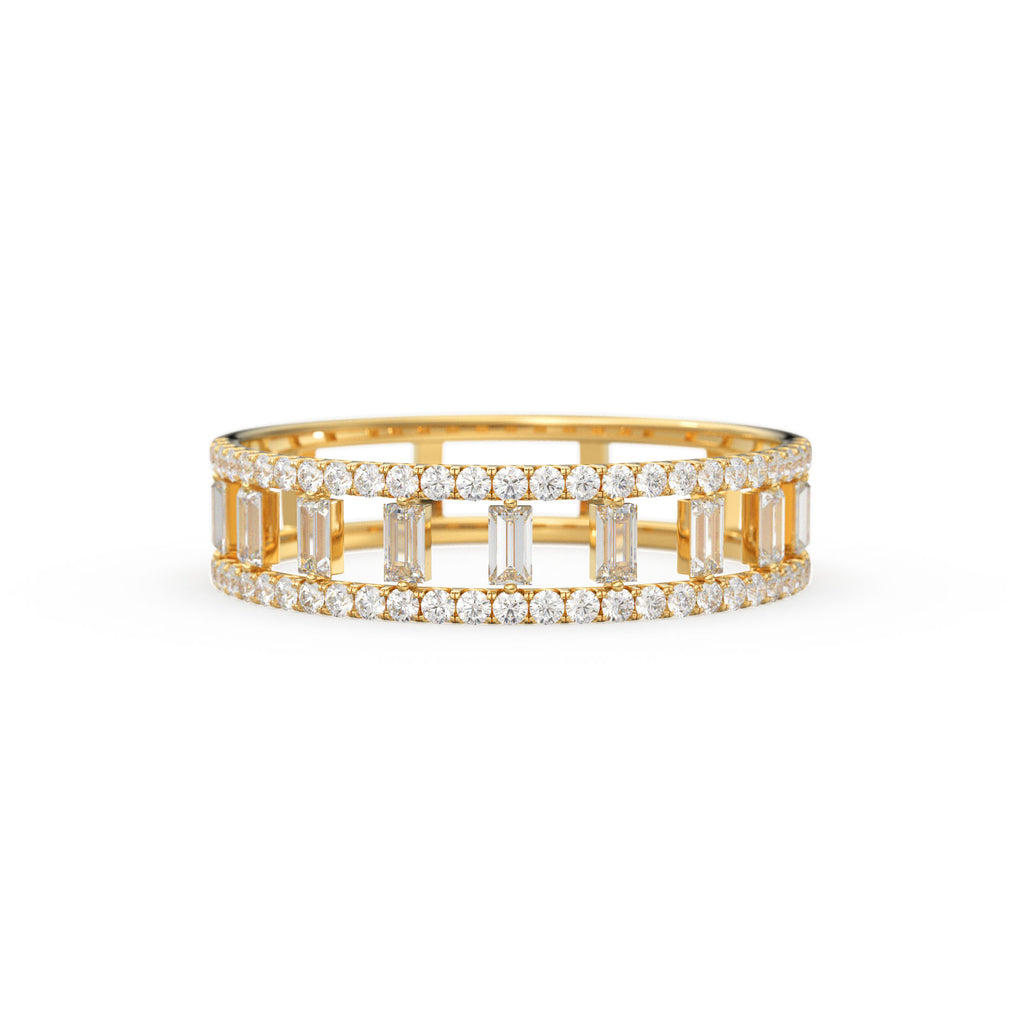 14k Gold Double Row Micro Pave Diamond Ring with Baguette Diamond / Christmas Gift