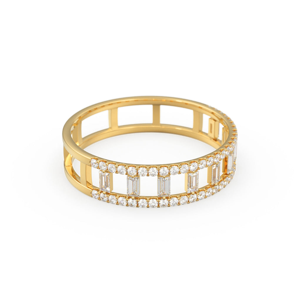 14k Gold Double Row Micro Pave Diamond Ring with Baguette Diamond / Christmas Gift