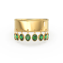 Load image into Gallery viewer, Emerald Dangling Charm 14k Gold Band - Oval Cut Emerald Dangle Ring / Statement Emerald Ring/ Handmade Emerald Ring / Goth Gemstone Ring