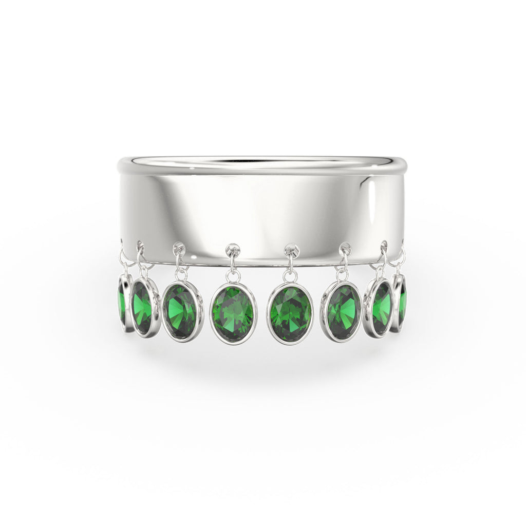 Emerald Dangling Charm 14k Gold Band - Oval Cut Emerald Dangle Ring / Statement Emerald Ring/ Handmade Emerald Ring / Goth Gemstone Ring