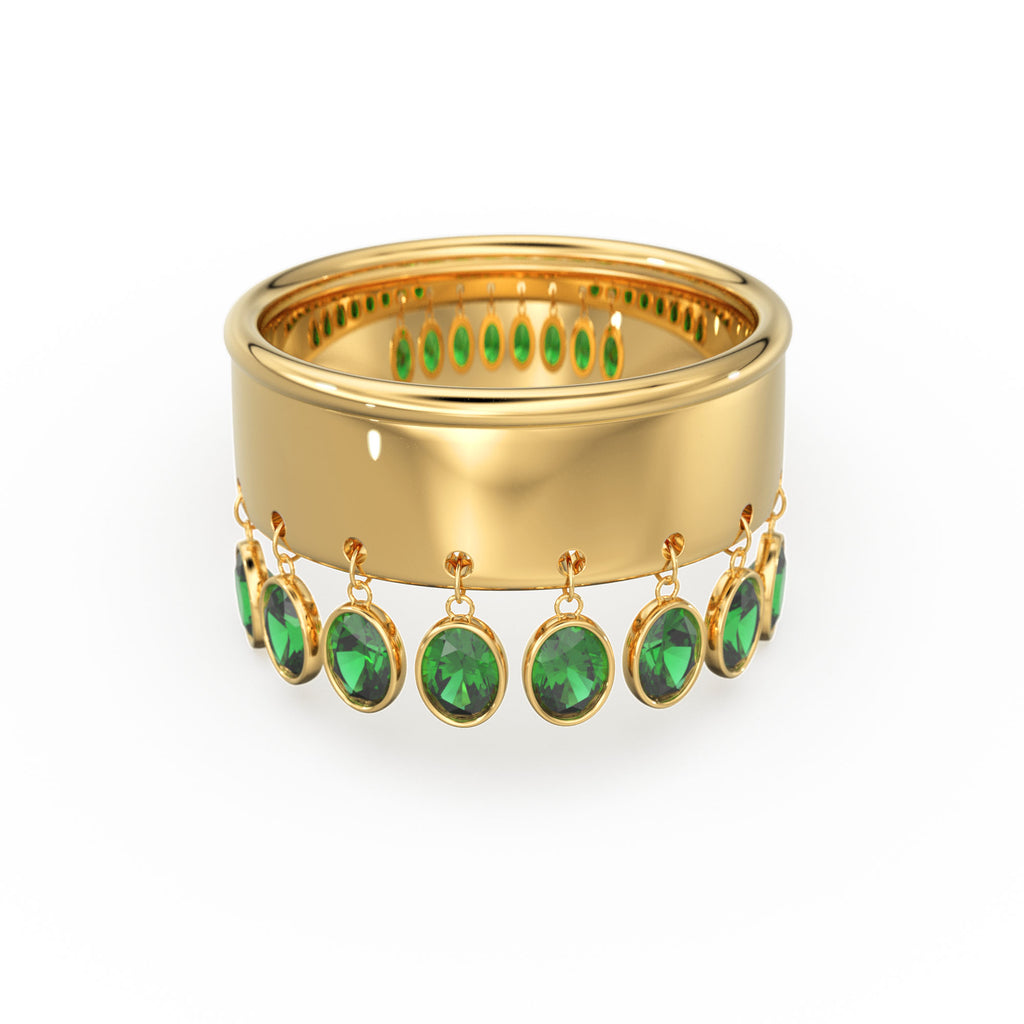 Emerald Dangling Charm 14k Gold Band - Oval Cut Emerald Dangle Ring / Statement Emerald Ring/ Handmade Emerald Ring / Goth Gemstone Ring
