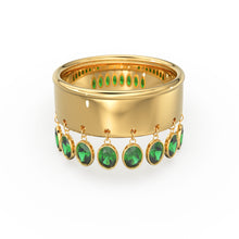 Load image into Gallery viewer, Emerald Dangling Charm 14k Gold Band - Oval Cut Emerald Dangle Ring / Statement Emerald Ring/ Handmade Emerald Ring / Goth Gemstone Ring