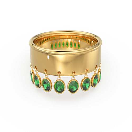 Emerald Dangling Charm 14k Gold Band - Oval Cut Emerald Dangle Ring / Statement Emerald Ring/ Handmade Emerald Ring / Goth Gemstone Ring